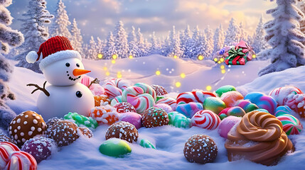 A whimsical winter scene with a snowman among colorful candies and a festive atmosphere.