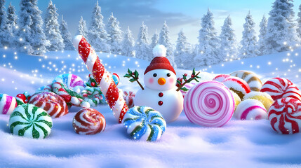 A festive winter scene with a snowman and colorful candies in a snowy landscape.