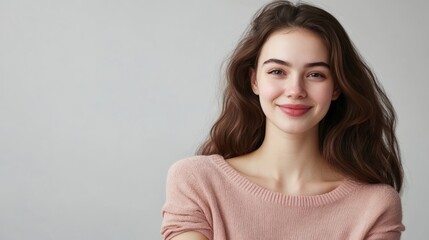 Obraz premium Happy young lady on gray empty blank text copyspace studio background looking at camera, smiling and showing arm after vaccine injection. Coronavirus, Covid-19, vaccination and immunization concept
