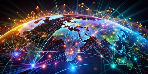 Obraz premium Abstract Dark Background with Moving Lines and Dots for Data Transmission Visualization of Global Network Connections