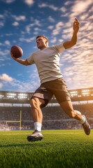 Naklejka premium Athlete running with a football in a stadium during sunset