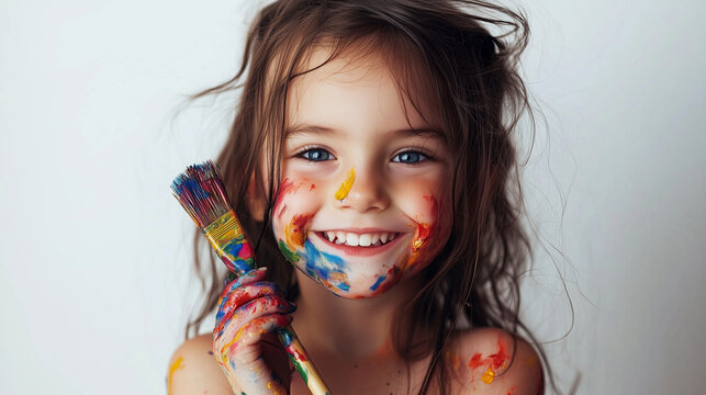 A young girl with tousled hair, grinning mischievously while holding a paintbrush covered in colorful paint