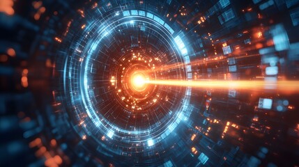 futuristic circular shape and horizontal energy beam. 