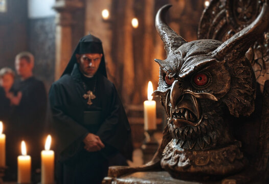 owl statue in dark satanic chapel with fanatics summoning demons