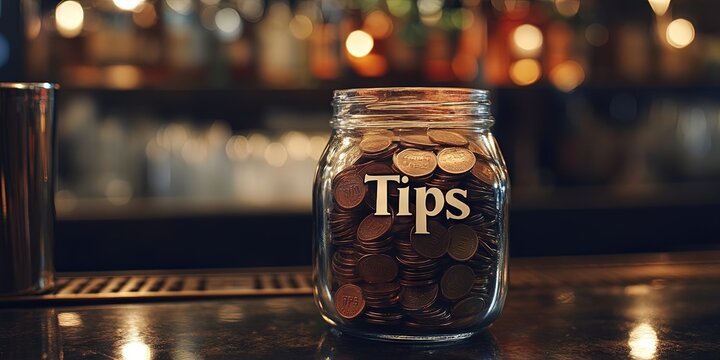 glass jar filled with coins, "Tips" text on jar, on tabletop