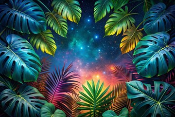 Abstract Summer Night with Hand-Drawn Monstera and Palm Leaves in a Vector Illustration Style