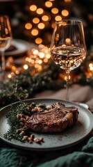 Fototapeta premium Festive dinner setting with pork chop and wine glass in holiday ambiance
