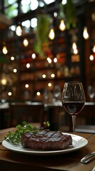 Elegant dining experience with steak and red wine in cozy atmosphere