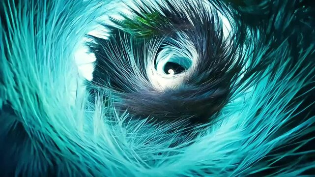 A surreal vortex of teal feathers swirling inward, creating a sense of mystery and depth with its hypnotic, dynamic motion