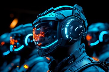 A team of futuristic veterans in high-tech gear receiving digital service awards in a massive virtual reality ceremony