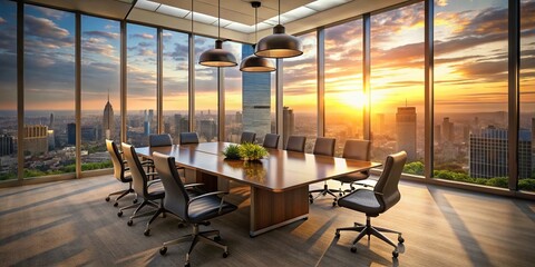 A contemporary meeting room featuring a stunning cityscape at sunset, creating an ideal workspace for productivity and creativity, perfect for team
