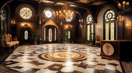 Obraz premium Design a house with vintage decor, including ornate chandeliers and patterned tile floors