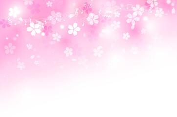 音符と舞う桜の花びら（ピンクの背景）