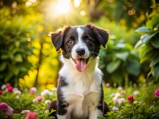 Adorable Black and White Puppy Sitting with Tongue Out in Sunny Garden &ndash; Perfect Pet Portrait for Animal