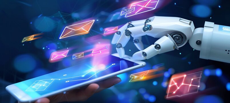 Ai marketing automation visualized in a detailed vector showing how artificial intelligence automates email marketing lead nurturing and customer segmentation creating personalized campaigns