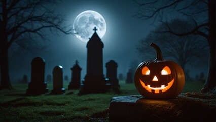 Halloween scene with a jack-o-lantern and a full moon