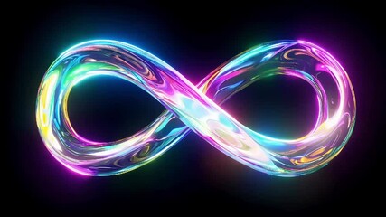 A glowing infinity symbol made of luminous, rainbow-colored glass against a dark background, symbolizing eternity and boundless potential