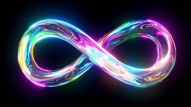 A glowing infinity symbol made of luminous, rainbow-colored glass against a dark background, symbolizing eternity and boundless potential