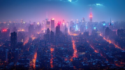 Fototapeta premium A panoramic view of a city skyline at dusk with buildings lit up in neon lights.