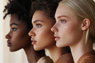 Obraz premium Three Women of Different Ethnic Backgrounds Showcasing Natural Beauty in a Serene Indoor Setting During Daylight