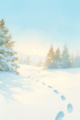 Enchanted snowshoeing trail, glowing footprints, magical snow-covered trees