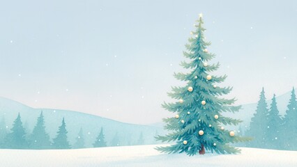 Fototapeta premium Magical Christmas tree, sparkling ornaments, hidden in a snowy woodland, watercolor style, watercolor illustration, having ample space for text