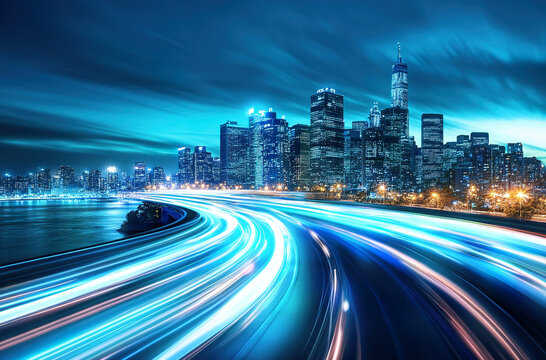 Fototapeta Long exposure motion blur of highway leading to city