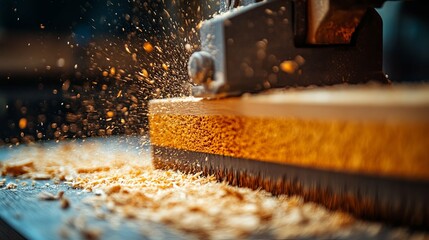 A wood saw is cutting through a pile of wood chips