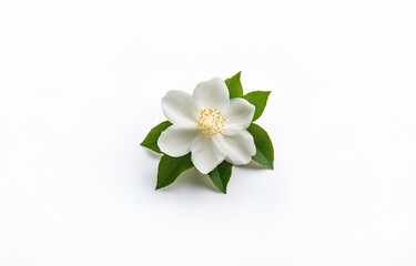 Obraz premium Single white flower with green leaves on a white background.