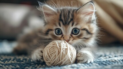 A kitten is playing with a ball of yarn. The kitten is looking at the camera with a curious expression