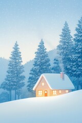 Naklejka premium Snow-covered cabin glowing softly in the woods, enchanted atmosphere