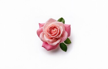 Single pink rose with green leaves against a white background.
