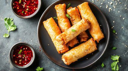 Deep fried crispy chinese spring rolls flat lay top view snack. Crispy Spring Rolls with Red Sauce and Fresh Herbs