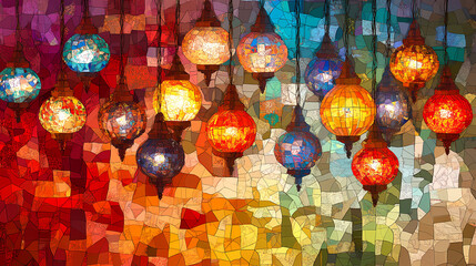 Fototapeta premium Mosaic colorful ottoman lamps . ai generated image, ai. Ottoman Bazaar. Illustration