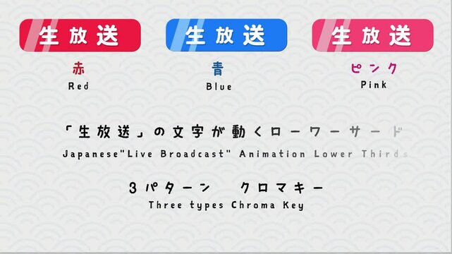 「生放送」のテロップ（ローワーサード）日本語版のアニメーション3種類です。必要な部分をカットして使用して下さい。