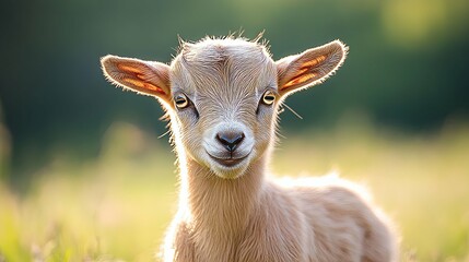 A baby goat is standing in a field of grass