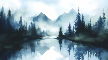 Naklejka premium Mountainous landscape watercolor river trees reflection tranquility. Watercolor Landscape. Illustration