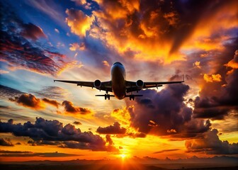 Fototapeta premium Airplane Silhouette Against Sun at Sunset - Dramatic Sky Background for Travel and Adventure Themes