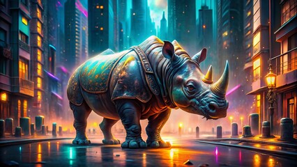 A Majestic Rhino Strolling Through a Futuristic Cityscape with Bright Lights Evoking Wonder and Excitement in Urban