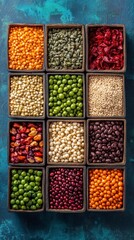 Assortment of dried legumes and grains in wooden bowls