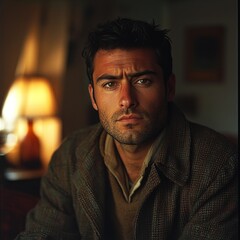 Obraz premium Pensive Man with Deep Thought and Furrowed Brow