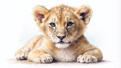 Obraz premium A minimalistic watercolor illustration of a baby lion cub against a white background, perfect for art lovers seeking simplicity and elegance in their