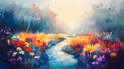 Fototapeta premium Oil painting landscape - river in the forest, colorful fields of flowers. Watercolor Landscape. Illustration