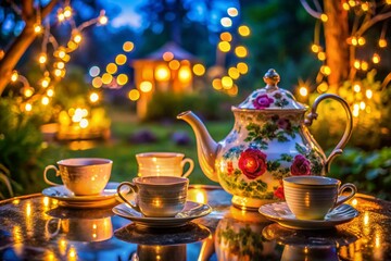 Fototapeta premium An exquisite tea set featuring a teapot and coordinating cups, beautifully displayed on a table, ideal for an