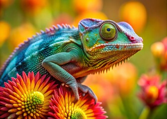 An extreme close-up showcases a chameleon's vibrant colors and intricate scales on a flower, beautifully captured in stunning panoramic photography.