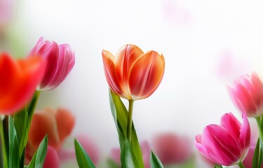 Fototapeta premium A single orange tulip with pink tulips in the background.