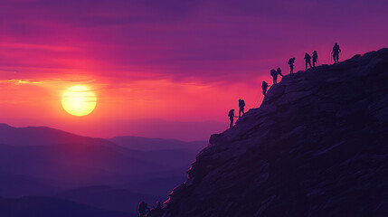 Group of hikers climbing together, symbol of teamwork and belonging