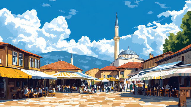 Ottoman old bazaar in korca, albania with blue cloudy sky , korca, albania, ottoman, old bazaar, architecture, historic. Ottoman Bazaar. Illustration