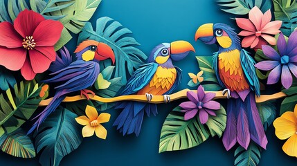 Obraz premium Bright paper cut tropical birds with detailed feathers, layered for a vibrant wall hanging, paper cut birds, colorful wildlife decor