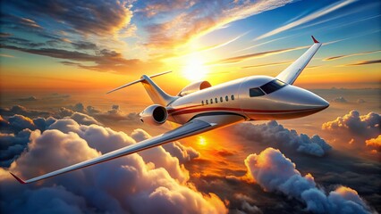 Obraz premium A sleek white aircraft adorned with vibrant orange accents glides effortlessly through a pristine blue sky, embodying a vision of futuristic aviation